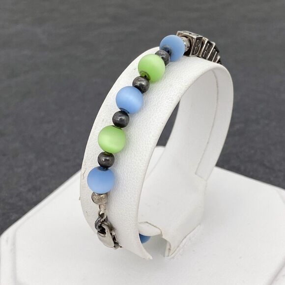 Blue Green Shimmery "Bethany" Beaded Bracelet | Vintage Sterling Silver 925 | 6" - Picture 9 of 13